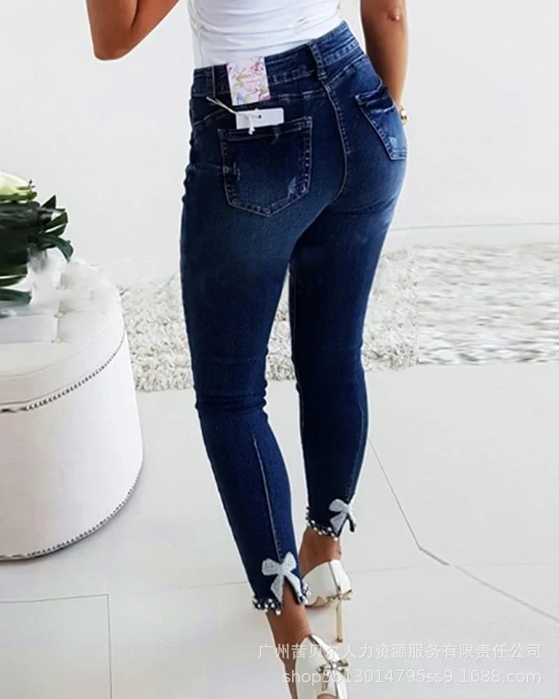 Beaded Slit Bowknot Decor Jeans Autumn