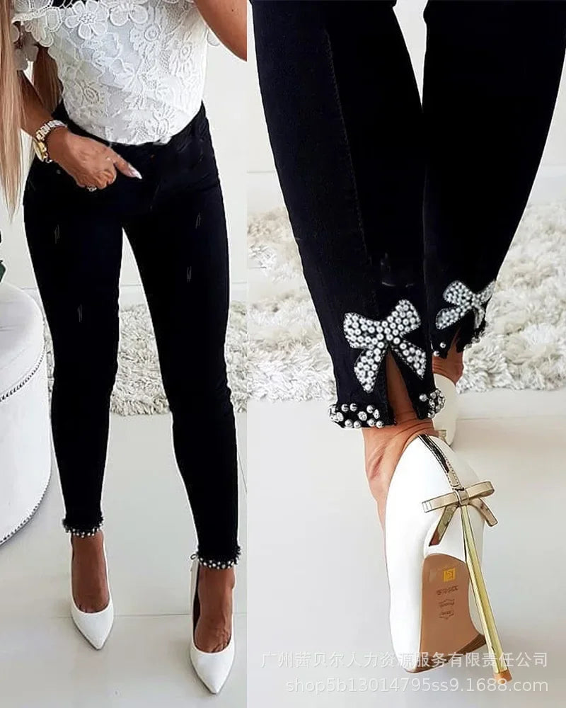 Beaded Slit Bowknot Decor Jeans Autumn