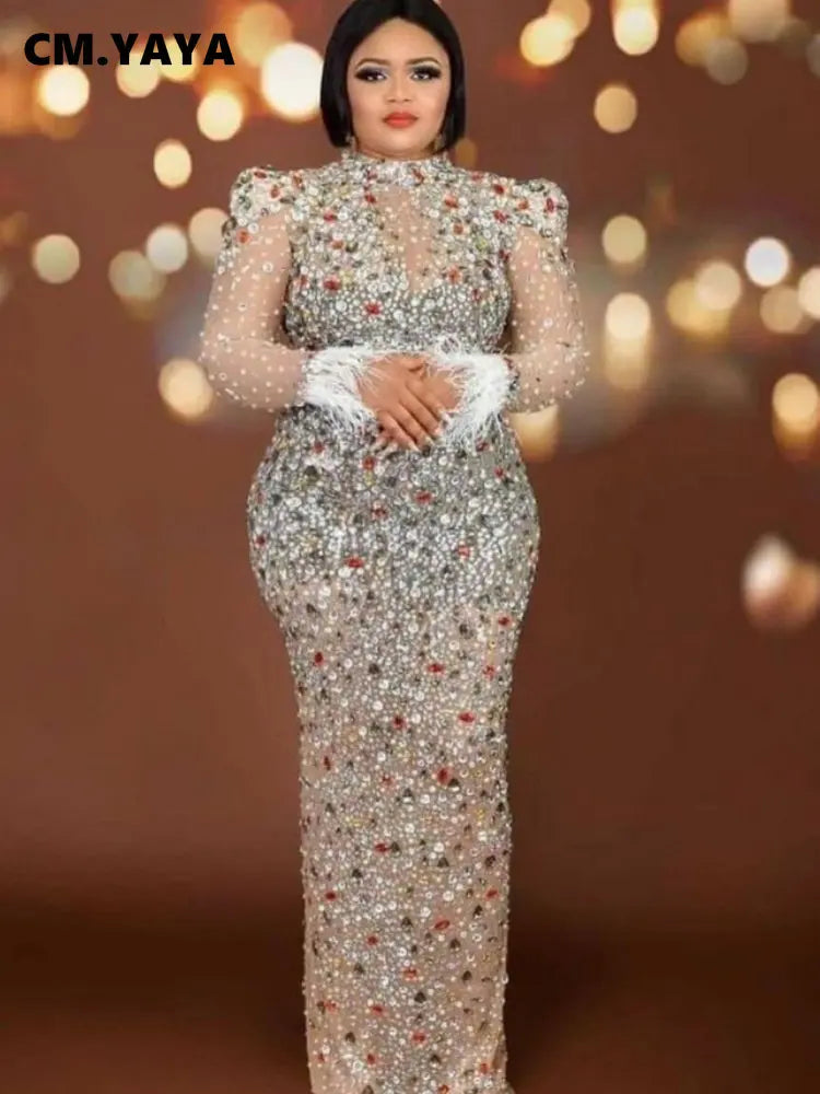 Women Mesh See Though Crystal Feather Hem Long Midi Dress