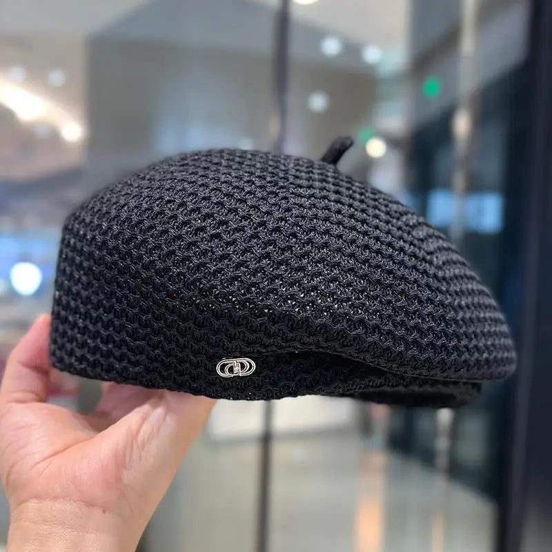 Women Fixed Pleated Paper Straw Beret Summer