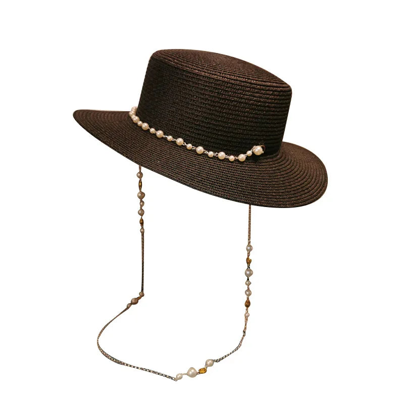 Summer Elegant Pearl Chain Flat Sun Hats for Women