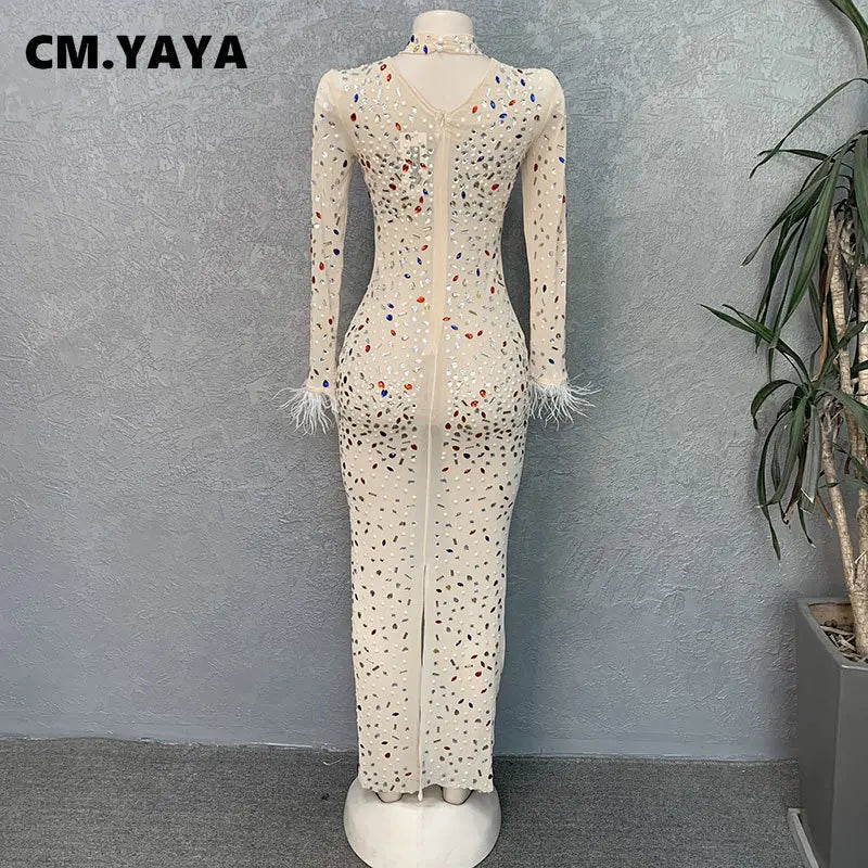 Women Mesh See Though Crystal Feather Hem Long Midi Dress