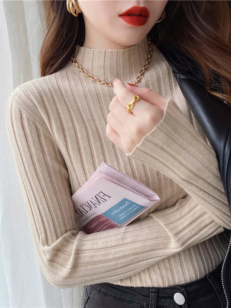 Autumn Winter Knitted Ribbed Turtleneck Sweater Women