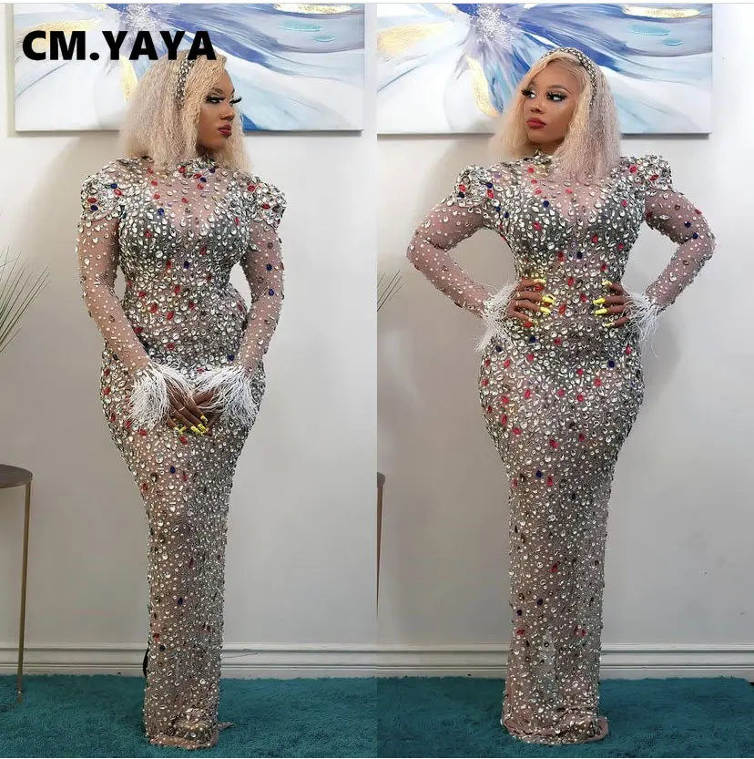 Women Mesh See Though Crystal Feather Hem Long Midi Dress