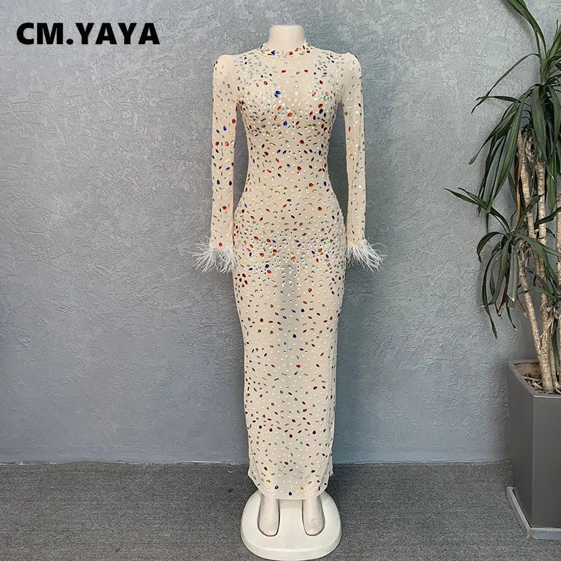 Women Mesh See Though Crystal Feather Hem Long Midi Dress