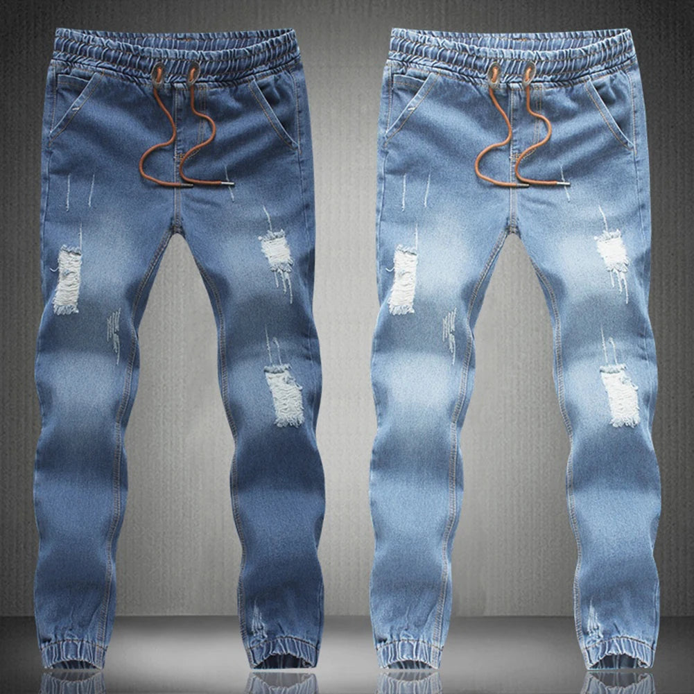 Men Fashion Jeans Drawstring Slim Fit Denim Ankle Length Casual Pants